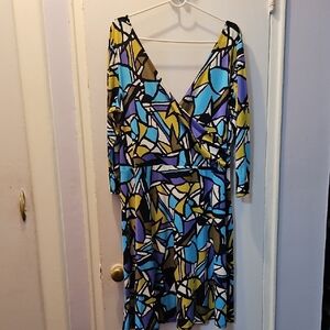 Metrostyle Blue and Yellow Abstract Long Sleeve Dress